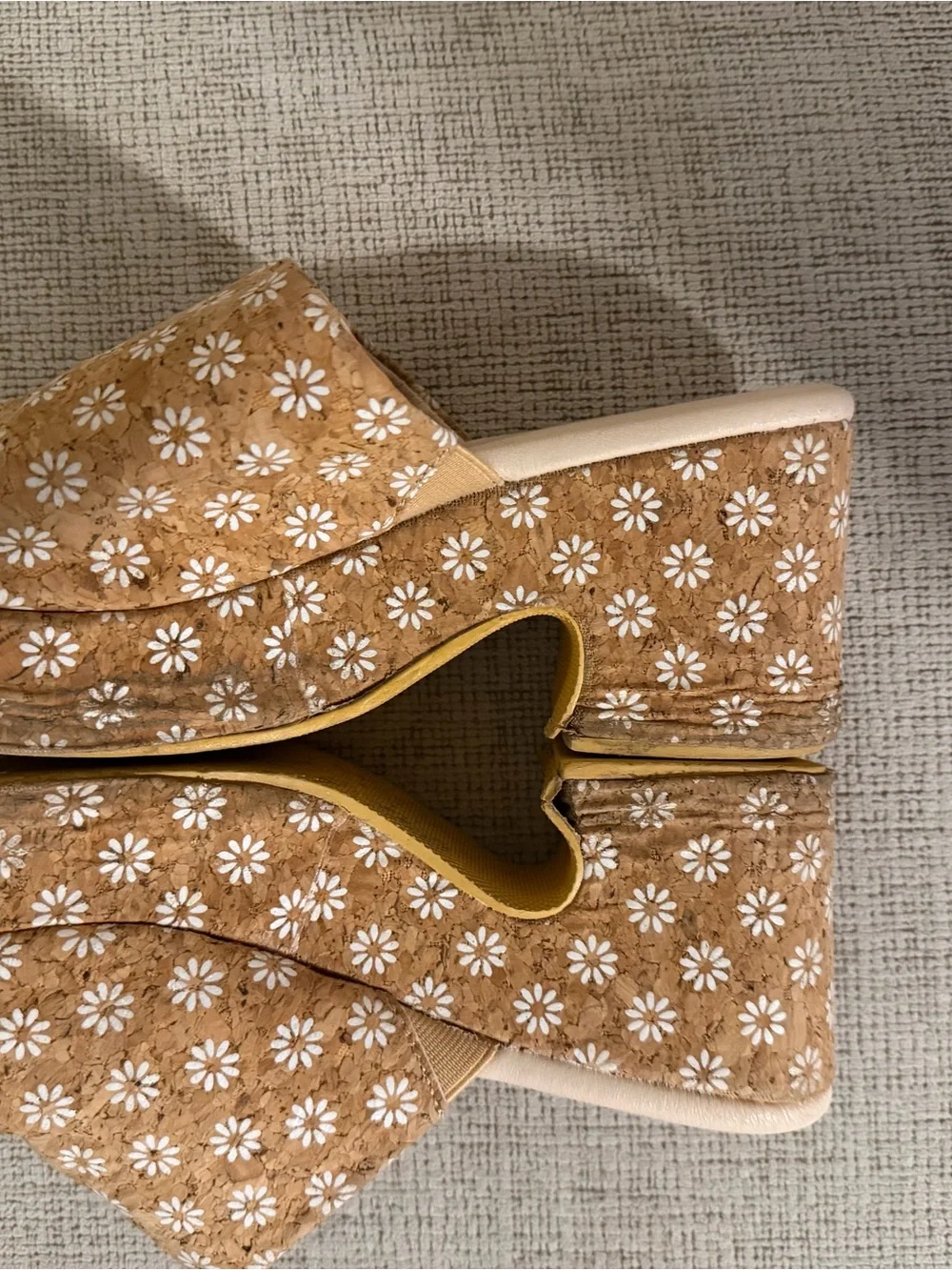 Women's Cork Platform Mules with White Daisy Print - Tan